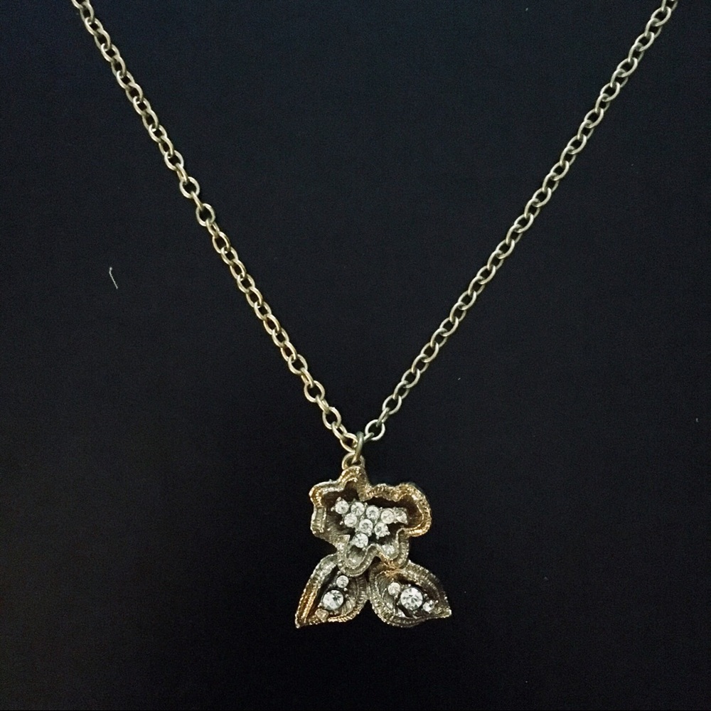 J Crew Gold and Rhinestone Flower Necklace